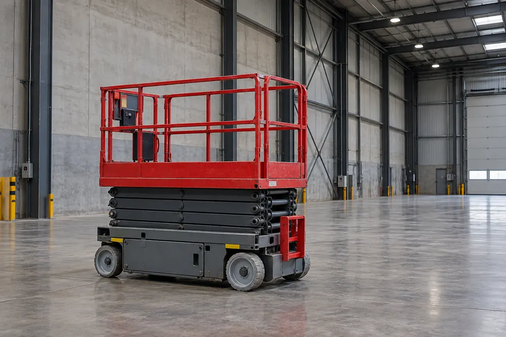 Lowered electric scissor lift inside a commercial warehouse