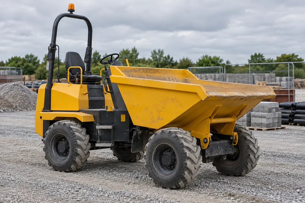 Empty site dumper on a level commercial groundworks compound