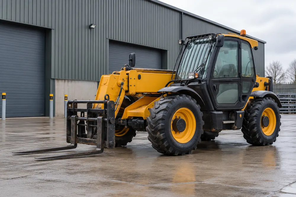 Telehandler parked with lowered forks outside an industrial warehouse