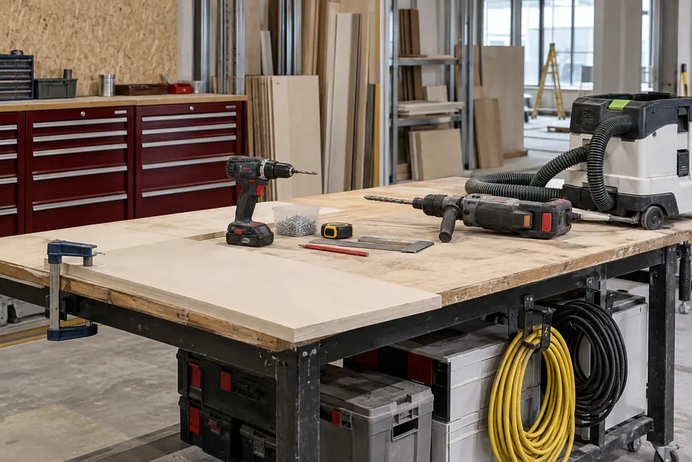 Drilling and breaking tools with dust extraction on a workshop bench